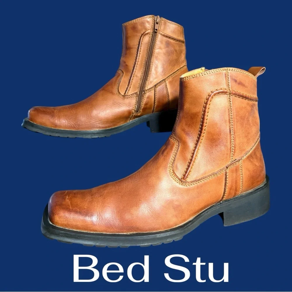 Bed Stu-Men’s 11 side zip boot. Cobbler Series distressed leather. Cognac EUC!